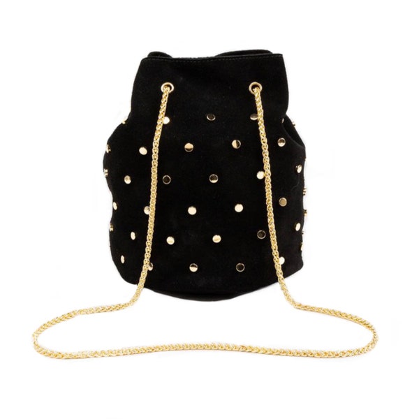 Bucket suede black handbag with gold studs genuine suede bag bucket black bag