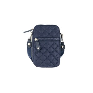 May include: A navy blue quilted crossbody phone bag with a zipper closure and a adjustable strap.