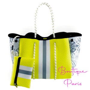Neoprene bag neoprene tote bag neon yellow snake print neoprene bag with pouch gym bag large neoprene bag beach bag beach neoprene bag