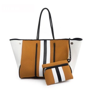Neoprene bag neoprene tote bag brown and white striped neoprene bag with pouch gym bag large neoprene bag Brown and white neoprene bag