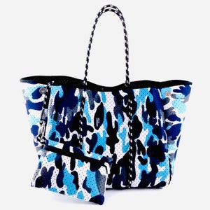 Large neoprene bag camouflage neoprene tote blue camouflage handbag beach neoprene bag gym tote bag army neoprene tote