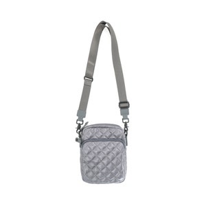 May include: A grey quilted crossbody bag with a silver zipper and adjustable strap.