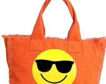 Canvas handbag canvas tote bag orange canvas fringe tote bag orange face emoji canvas fringe bag fringe handbag fringe canvas bag