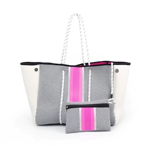 Neoprene bag neoprene grey and white tote bag pink striped neoprene bag with pouch large neoprene bag beach grey with pink neoprene bag