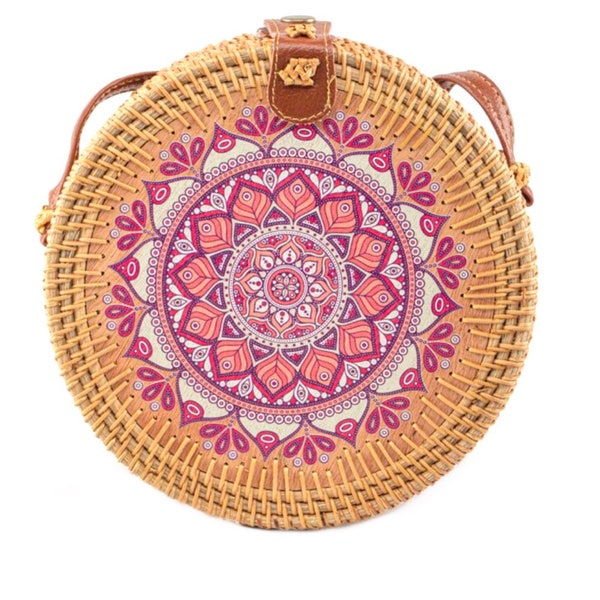 Rattan round handbag Bali round bag rattan pink bag summer handbag beach handbag