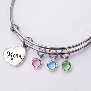 Mom Gifts, Mom Birthday Gift from Daughter, Mom Birthstone Bracelet, Mom Jewelry, Gift for Mother, Family Bracelet for Mom Adjustable Bangle