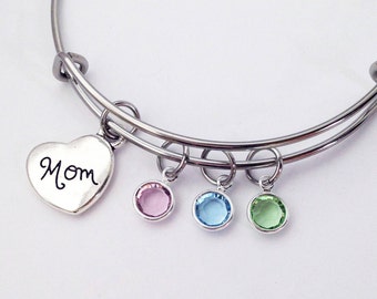 Mom Gifts, Mom Birthday Gift from Daughter, Mom Birthstone Bracelet, Mom Jewelry, Gift for Mother, Family Bracelet for Mom Adjustable Bangle