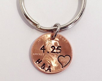 Personalized Anniversary Gift for Boyfriend, Anniversary Keychain for Husband, Gift for Men, Customized Penny Keyring with Initials and Date