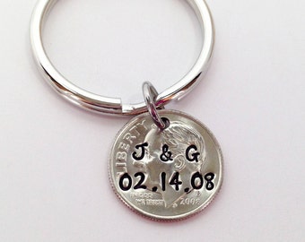 10 Year Anniversary Keychain, Custom Key Chain, Ten Year Anniversary, Couples Gift, Anniversary Gift for Husband, 2016 dime, Gift for Wife