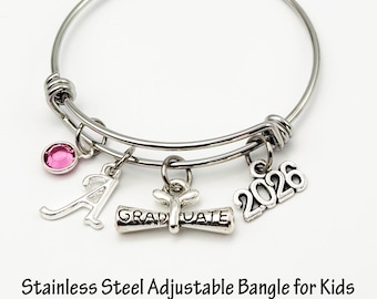 Kindergarten Graduation Bracelet, Preschool Graduate Gift, Class of 2026 Pre-K Grad Jewelry, Little Girls Charm Bracelet, Adjustable Bangle