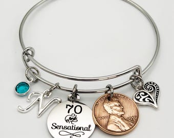 70th Birthday Bracelet for Women, 1956 Penny Jewelry with Heart Charm, Personalized Gift for Mom or Grandma Turning 70, Milestone Keepsake
