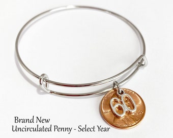 60 Years Old Birthday Gifts for Women, 1964 Birthday Gift, 60th Birthday Party Gift for Her, 60 Gifts Ideas for Mom, Penny Adjustable Bangle