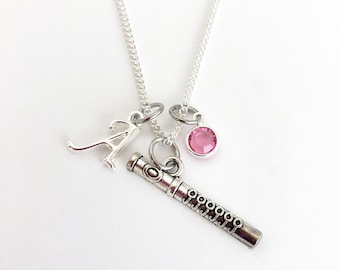 Flute Necklace, Flute Player Gifts Personalized, Silver Flute Charm Necklace for Girls Band Gifts Jewelry for Band Flute Students, Birthday