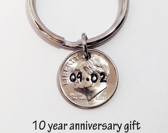 10th Anniversary Gift, 10 Year Anniversary Keychain for Men, 2016 Dime Keychain Personalized Gifts for Husband, Tenth Anniversary Keyring