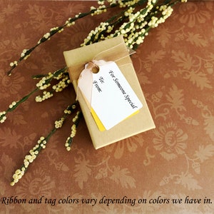May include: A small brown gift box with a white tag that says "For Someone Special" and has spaces to write "To:" and "From:". The box is tied with a brown ribbon and is sitting on a brown background with a floral pattern.