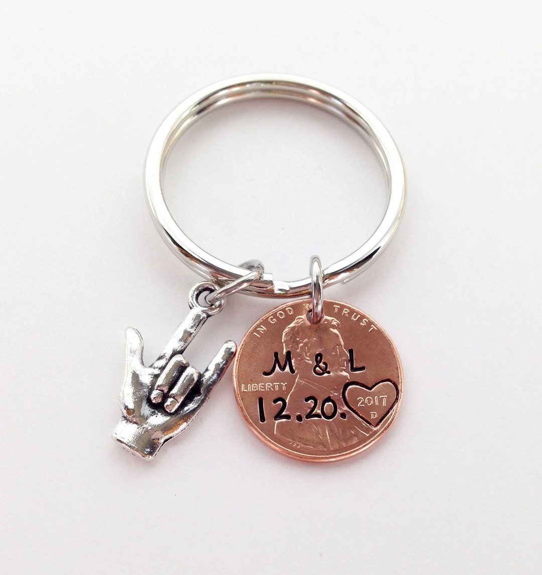 I Love You Sign Language Charm Keyring, Penny Keychain Personalized ...