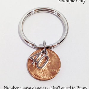 May include: A silver key ring with a copper penny charm. A silver number 40 charm dangles from the penny. The penny is dated 1973. The text "Example Only" is at the top and "Number charm dangles - it isn't glued to Penny" is at the bottom.