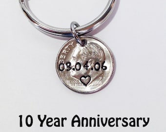 Personalized 10th Anniversary Dime Keychain, 2016 Hand Stamped Coin, Aluminum Tin Year Gift for Husband or Wife, Wedding Date Keepsake