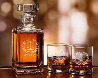 Lawyer Whiskey Decanter Set, Attorney Rocks Glasses, Scales of Justice, Gifts for Lawyers, Attorneys, Judge, Engraved Etched Decanter