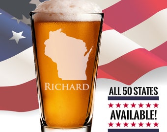 Personalized State Pint Glass, Custom Etched Beer Glass, Wedding Favors, Groomsmen Gifts, Cool Gifts for Him, 50 States, USA, American Made