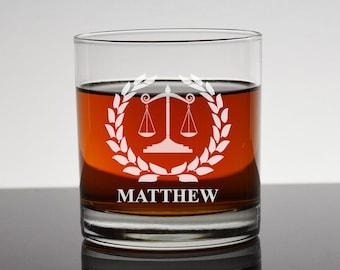 Engraved Lawyers Rocks Glass, Scales of Justice, Custom Rocks Glasses, Personalized Lawyer Glasses, Gifts for Lawyers, Whiskey Glasses
