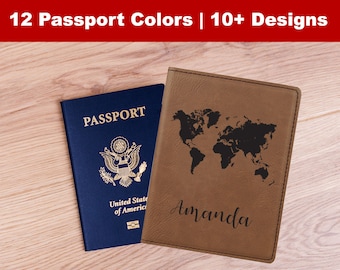 May include: A brown leather passport holder with a world map design and the name "Amanda" engraved on the front. The holder is next to a blue US passport.