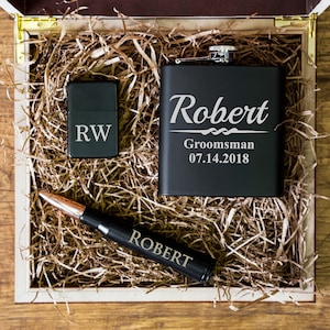 Groomsman Gift Box – Bullet Bottle Opener & Flask Set in Wood Box, Will You Be My Groomsman Proposal Gift