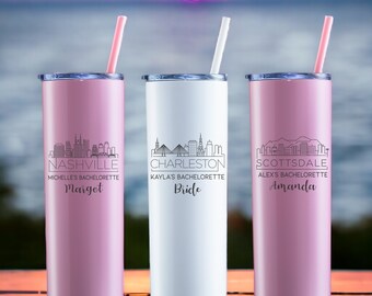 Bridesmaid Tumblers, City Skyline Tumblers, Bridal Party Cups, Bachelorette Party, Personalized Skinny Steel Tumbler, Tumblers with Straws