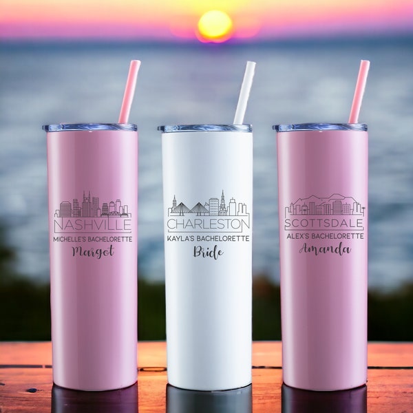 Bridesmaid Tumblers, City Skyline Tumblers, Bridal Party Cups, Bachelorette Party, Personalized Skinny Steel Tumbler, Tumblers with Straws