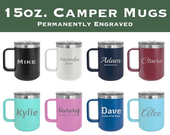 Mugs de camping personnalisés, 15 oz Tasse à café personnalisée, Gobelet de camping gravé, Gobelets avec anse, Cadeaux de camping, Bouteille de randonnée