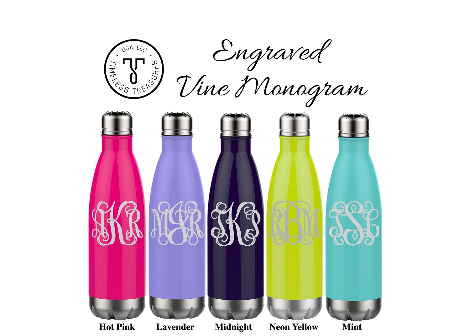 Engraved Vine Monogram Metal Water Bottle Monogrammed Etsy