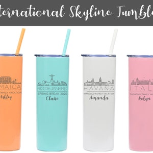 International Skyline Tumblers, Study Abroad Gifts, Family Vacation Tumblers, Spring Break Water Bottles, Engraved Tumblers, Personalized