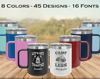 Taza de camping personalizada con asa: vaso de café personalizado para exteriores, ideal como regalo de despedida de soltera para senderismo y fogatas.