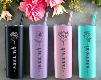 Personalized Birth Flower Skinny Tumbler |  Gift for Her |  Bridesmaid Gifts | Valentines Gift |  20oz Laser Engraved Tumbler | Birth Floral