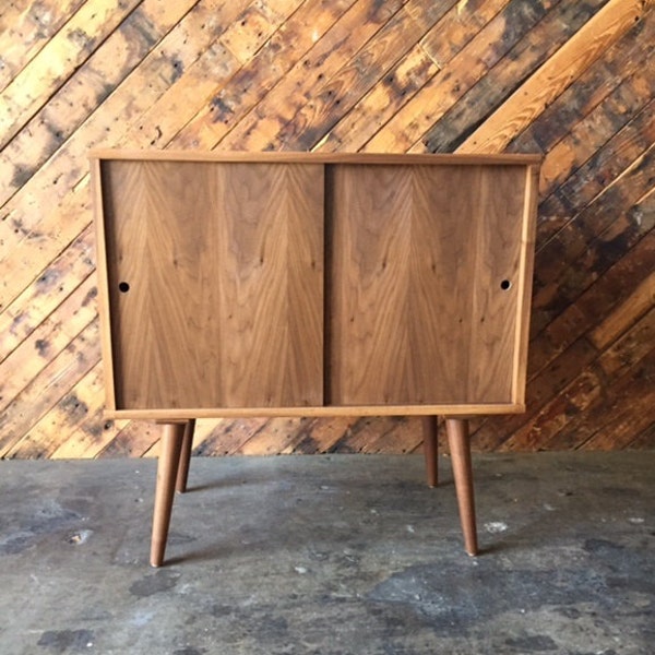 Mid Century Style Custom Walnut Bar Record Cabinet
