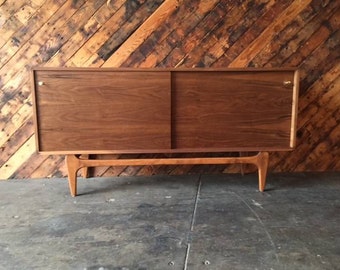 Custom Mid Century Style Walnut Credenza with Sculpted Base