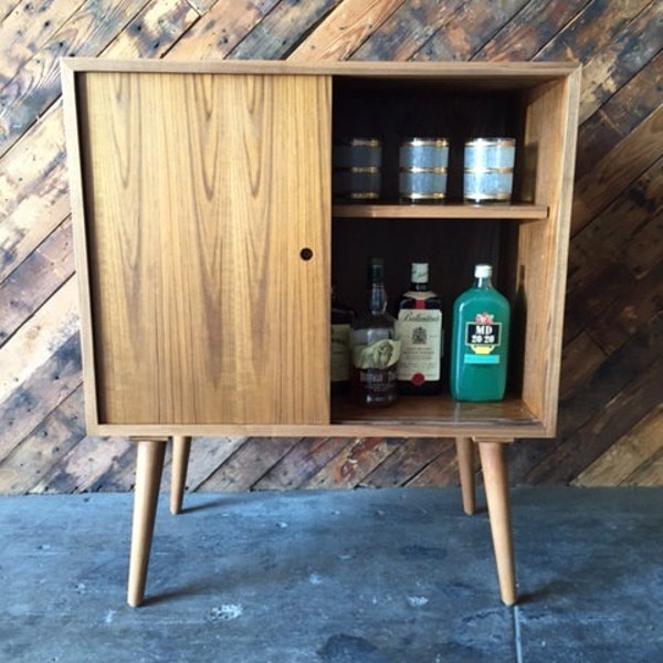 Mid Century Style Custom Teak Bar Record Cabinet