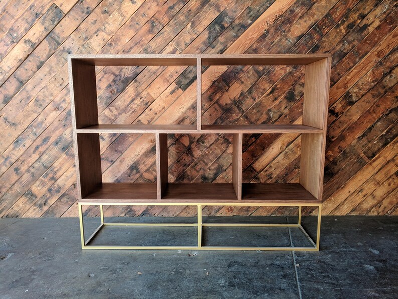 Custom Walnut Book Record Shelf With Brass Colored Metal Base Image 0