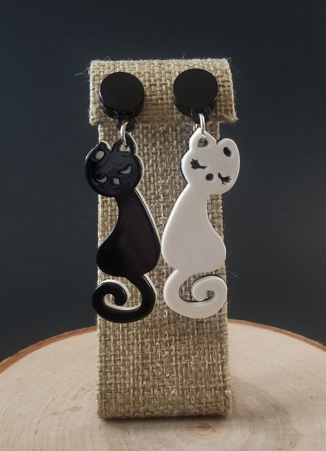 Feline Dangle Earrings Black and White Cat Earrings Cute Etsy