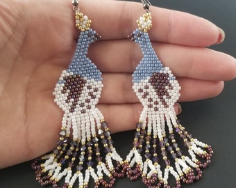 Handmade Beaded Peacock Earring Women&#39;s dangle Earrings Long Statement Earrings Handcrafted Bead-woven