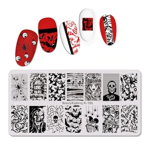 Nail Art Image Stamping Plates Rectangular NEW Halloween Skull Web Spider Abstract Images