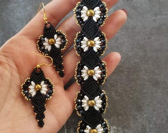 Macrame Jewelry set earrings bracelet Black Handmade Statement Dangle earrings gold bead Bohemian Knotting
