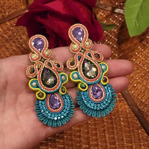 Handmade Soutache Statement Earrings Colorful Teardrop Crystal Jewelry