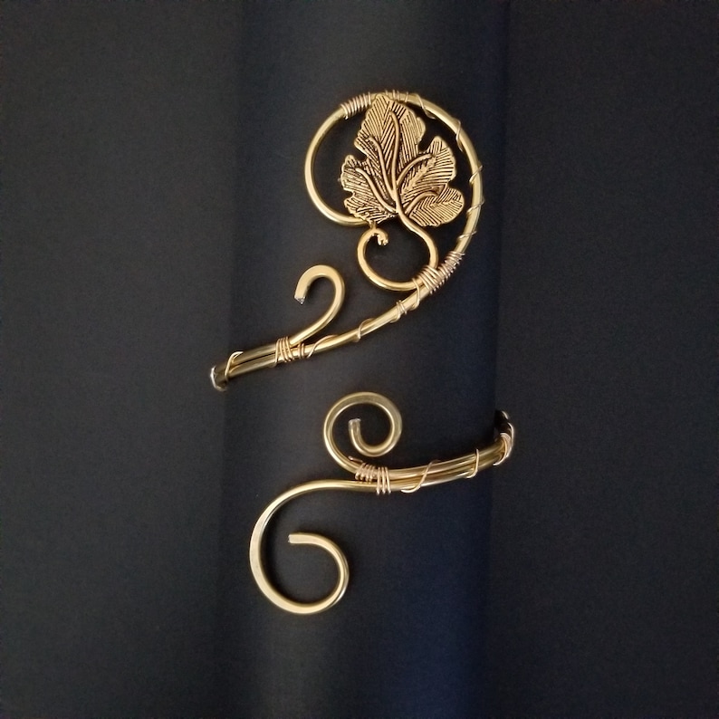 Handmade Aluminum Wire Wrapped Leaf Cuff Bracelet Open Gold Tone