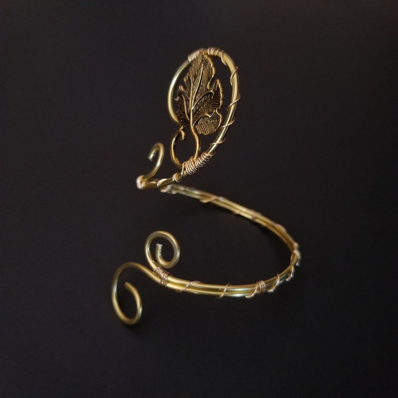 Handmade Aluminum Wire Wrapped Leaf Cuff Bracelet Open Gold Tone