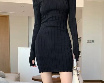 Twist Hollow Out Women Dress Turtleneck Long Sleeve Slim Knitted Dress FITS SIZE XS/S Above the Knee