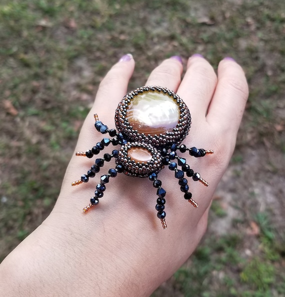 Handmade Onyx Spider Brooch Bead Woven Beaded Insect Pin Bug Pin