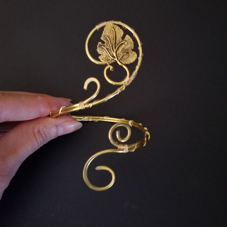 Handmade Aluminum Wire Wrapped Leaf Cuff Bracelet Open Gold Tone