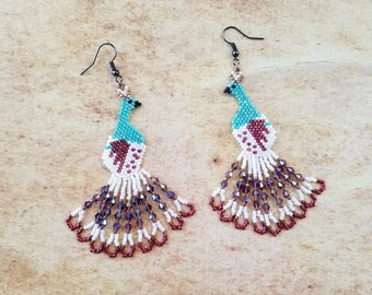 Handmade Long Peacock Dangle Drop Earrings Woven Seed Bead Jewelry