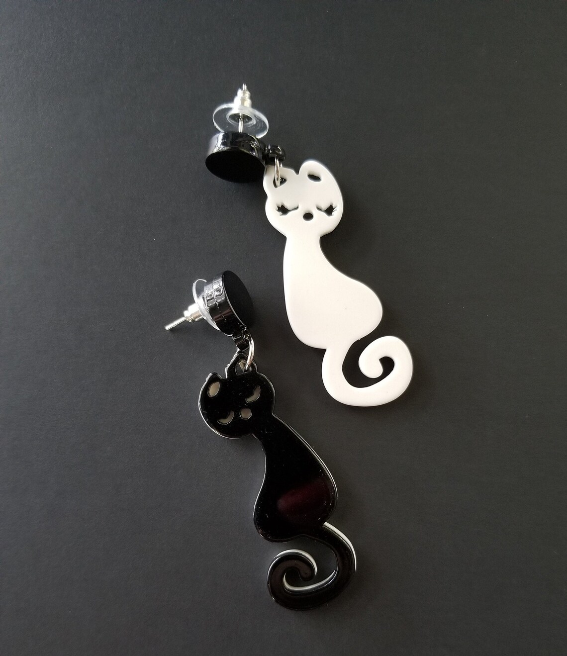 Feline Dangle Earrings Black and White Cat Earrings Cute Etsy
